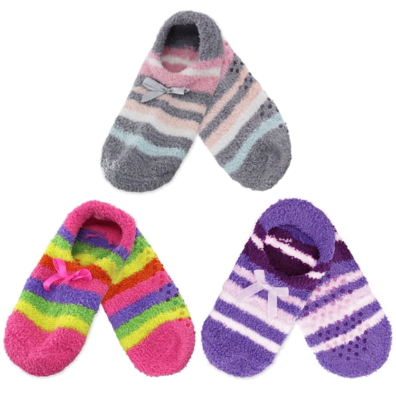 BambooMN Women's Fuzzy Travel Slipper Socks - Non-Slip Grips - Assortment 98 - 3 Pairs