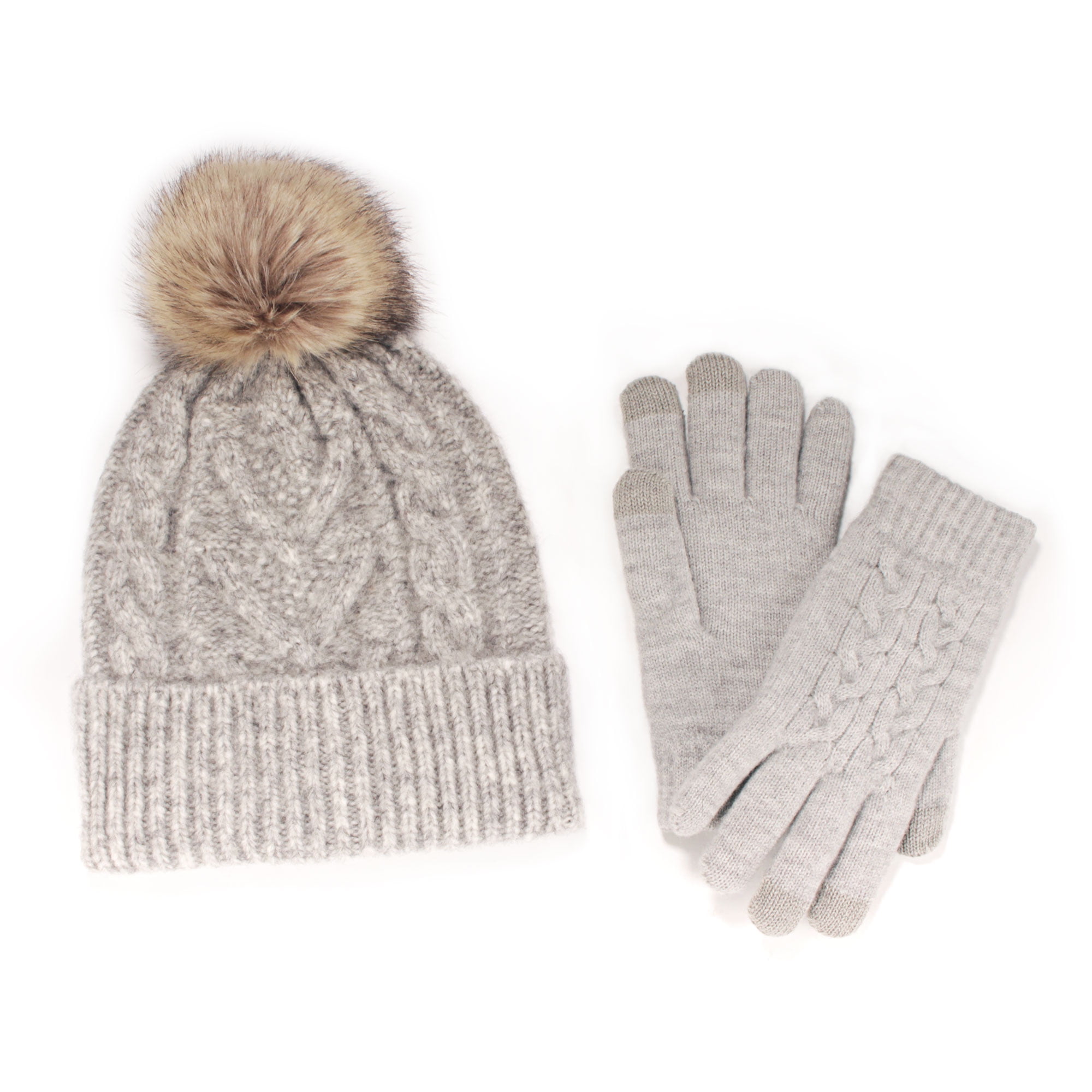BambooMN Women's Classic Winter Pom Pom Beanie Hat and Gloves Set, Grey
