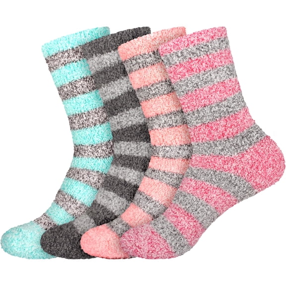BambooMN Women's Soft Fuzzy Warm Cozy Comfy Fuzzy Plush Cute Striped Slipper Socks - Assortment 4B - Extra Large - 4 Pairs