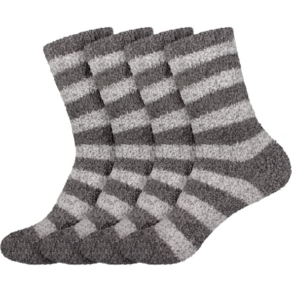 BambooMN Women's Soft Fuzzy Warm Cozy Comfy Fuzzy Plush Cute Striped Slipper Socks - Black Grey - Extra Large - 4 Pairs