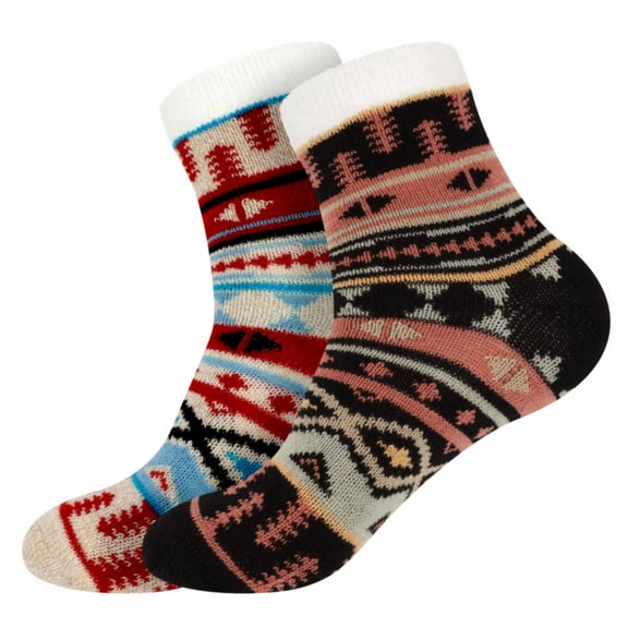 BambooMN Women's Funky Double Layer Cabin Thick Soft Warm Fuzzy Comfy Home Outdoor Socks, Assortment K, 2 Pairs