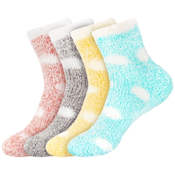BambooMN Women's Fuzzy Polka Dot Cuff Socks - Assortment 4C - 4 Pairs
