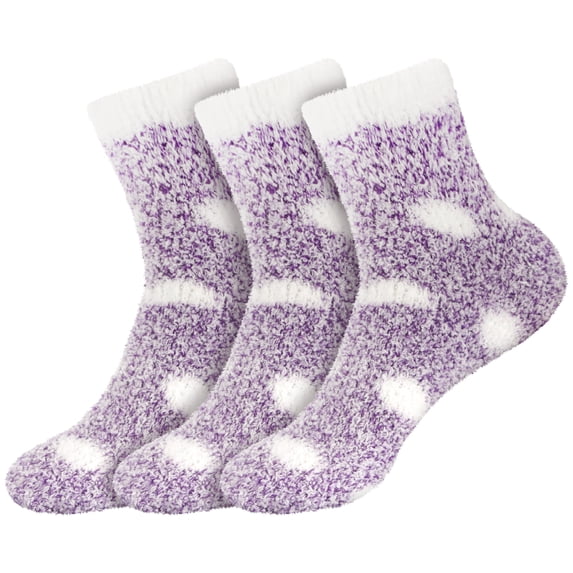BambooMN Women's Fuzzy Polka Dot Cuff Socks - Deep Purple - 3 Pairs