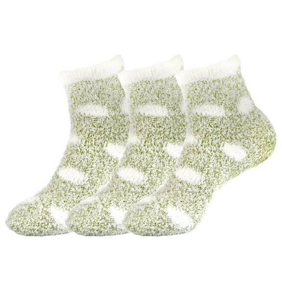BambooMN Women's Fuzzy Polka Dot Cuff Socks - Olive Green - 3prs