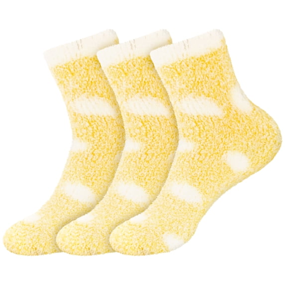 BambooMN Women's Fuzzy Polka Dot Cuff Socks - Yellow - 3 Pairs