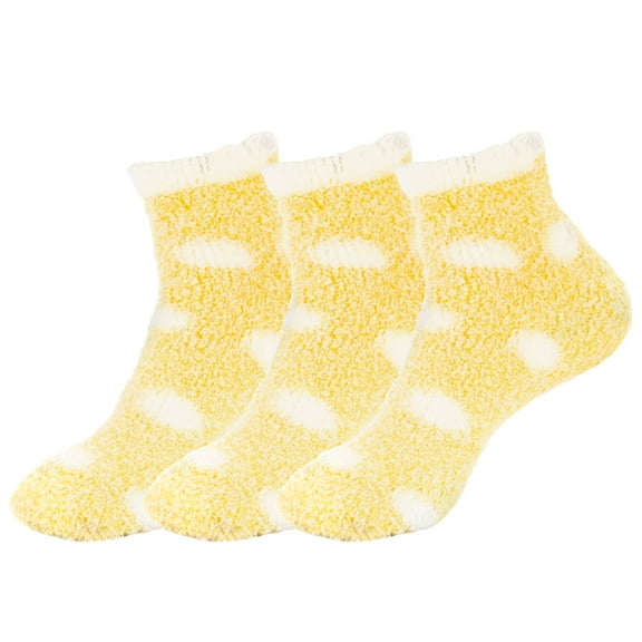 BambooMN Women's Fuzzy Polka Dot Cuff Socks - Yellow - 3prs