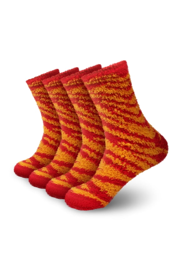 Women's Fuzzy Zebra Print Team Spirit Socks - Super Soft Microfiber Game Day Sports Socks - Zebra Red & Yellow - 4 Pairs