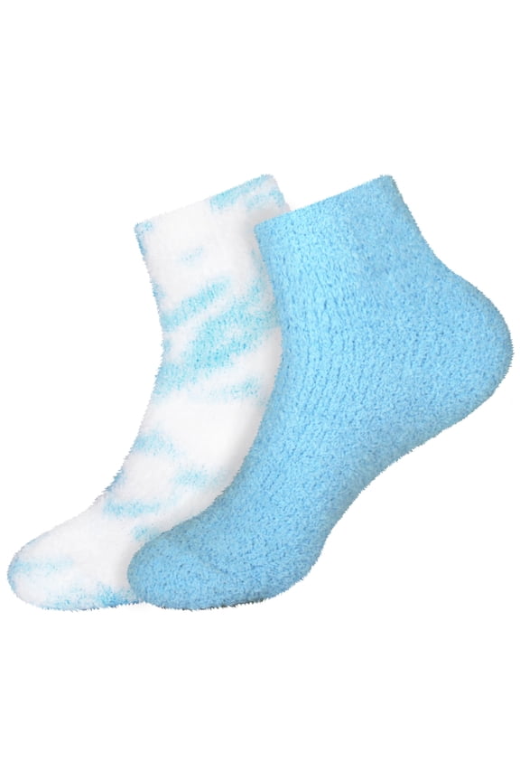 Women's Girl Fuzzy Warm Fluffy Tie-Dye Colorful Fun Ankle Socks - Cerulean - 2 Pairs