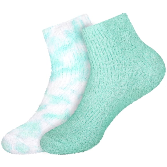 BambooMN Women's Girl Fuzzy Warm Fluffy Tie-Dye Colorful Fun Ankle Socks - Green Ash - 2 Pairs