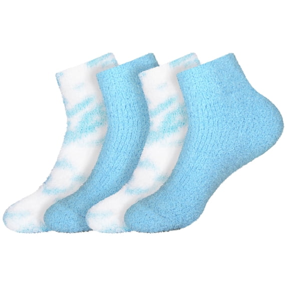 BambooMN Women's Girl Fuzzy Warm Fluffy Tie-Dye Colorful Fun Ankle Socks - Cerulean - Extra Large - 4 Pairs