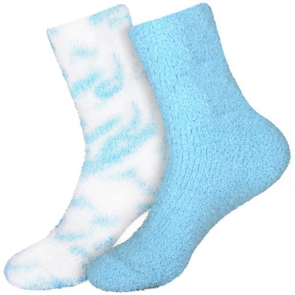 BambooMN Women's Girl Fuzzy Warm Fluffy Tie-Dye Colorful Fun Crew Socks - Cerulean - 2 Pairs