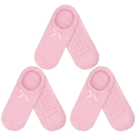 BambooMN Women's Soft Breathable Fuzzy Travel Slipper Socks with Non-Slip Bottom - Pink - 3 Pairs