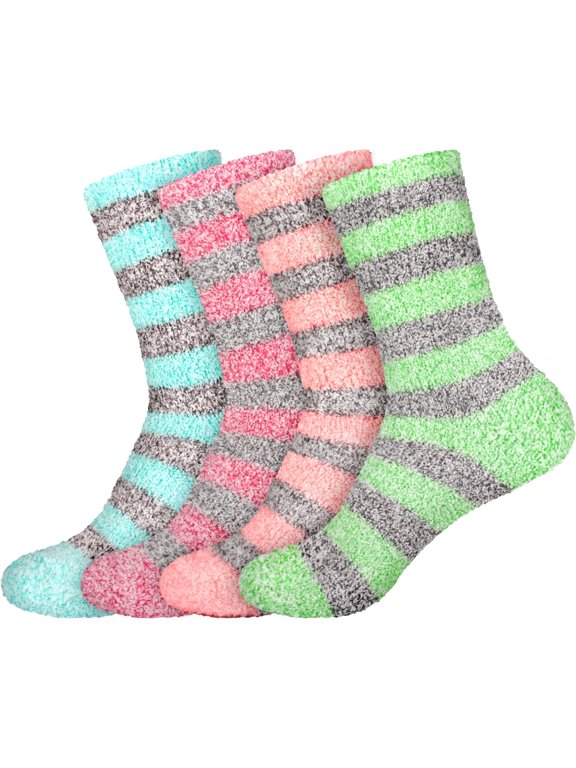 Women's Soft Fuzzy Warm Cozy Comfy Fuzzy Plush Cute Striped Slipper Socks - Assortment 4C - 4 Pairs