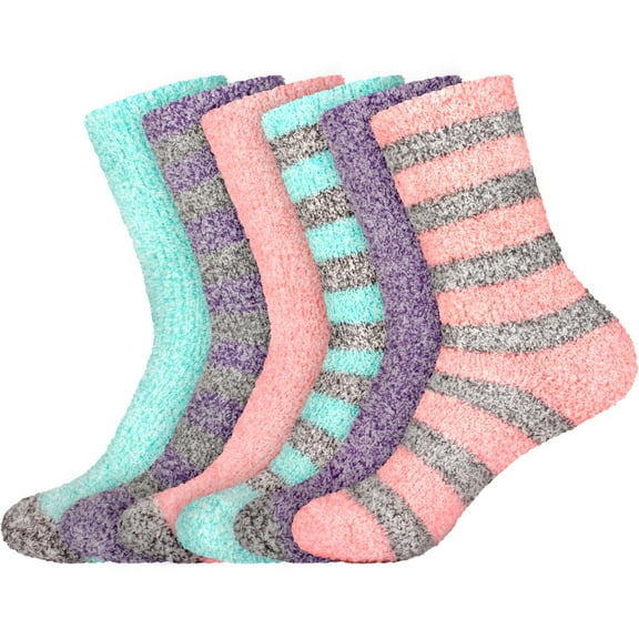 BambooMN Women's Soft Fuzzy Warm Cozy Comfy Fuzzy Plush Cute Striped Solid Slipper Socks - Assortment A - 6 Pairs