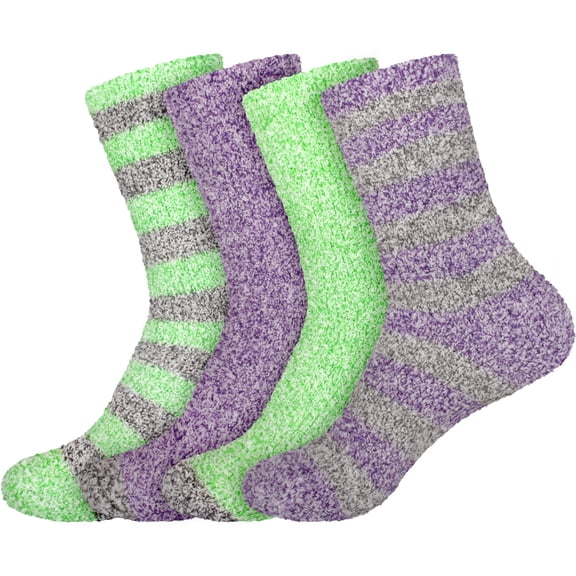 BambooMN Women's Soft Fuzzy Warm Cozy Comfy Fuzzy Plush Cute Striped Solid Slipper Socks - Assortment B - 4 Pairs