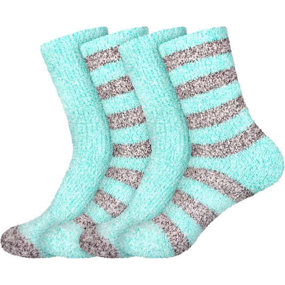 BambooMN Women's Soft Fuzzy Warm Cozy Comfy Fuzzy Plush Cute Striped Solid Slipper Socks - Blue Grey - 4 Pairs