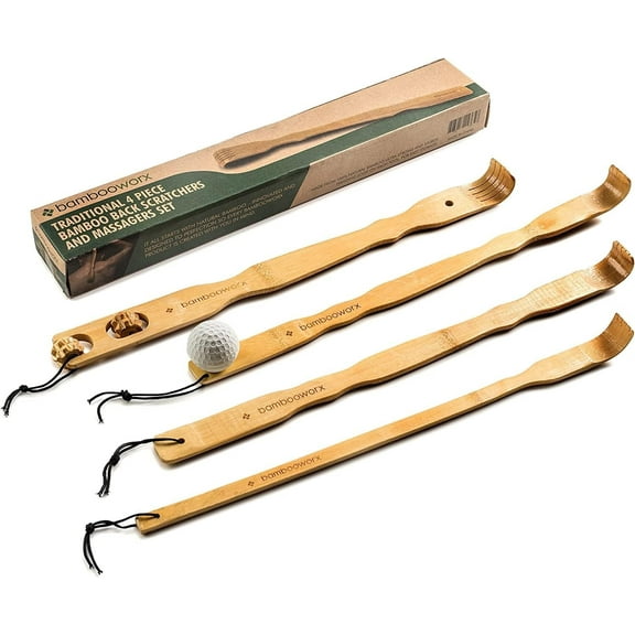 BambooWorx 4 Piece Traditional Back Scratcher and Body Relaxation Massager Set for Itching Relief, 17.5", Strong and Sturdy, 100% Natural Bamboo