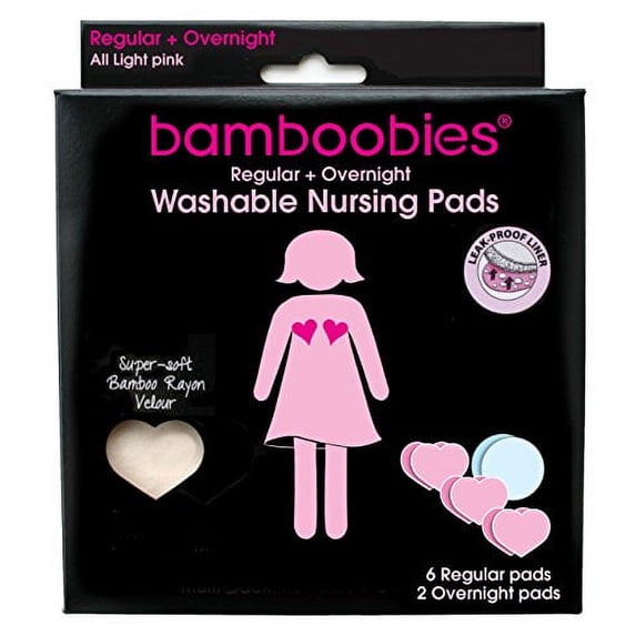 Bamboobies Super Soft Washable Nursing Pads - 3 Pair Ultra-Thin Regulars (Pale Pink) & 1 Pair Thick Overnight (Light Blue)