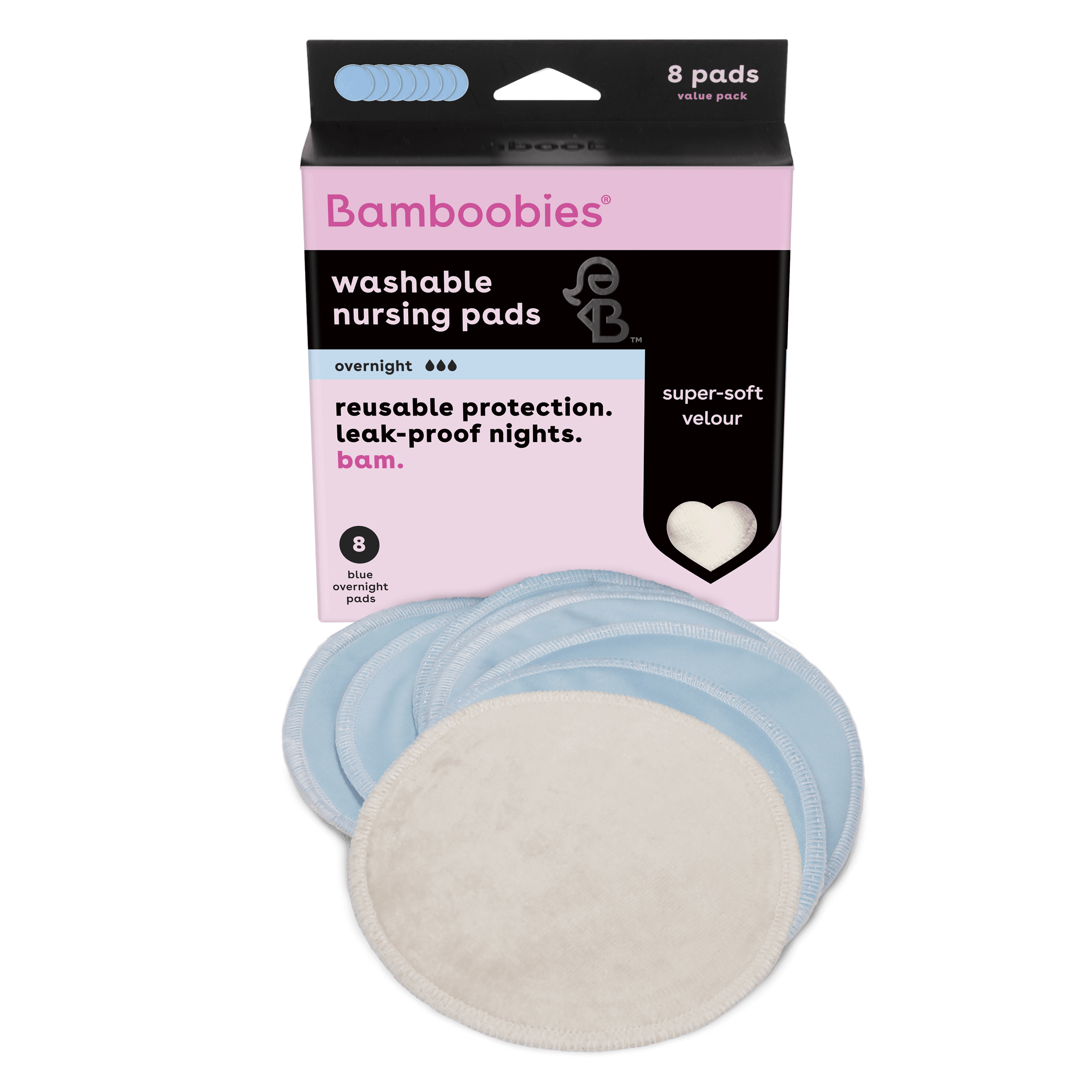Bamboobies Washable Overnight Nursing Pads for Breastfeeding, Reusable  Pads, Blue and White (4 Pairs) 