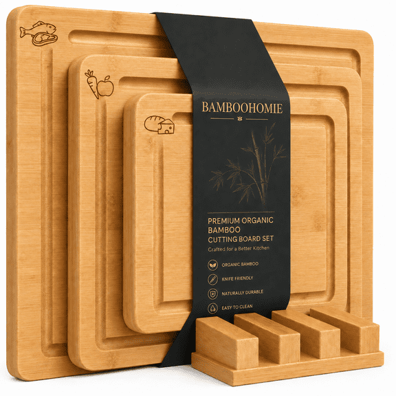 Bamboohomie Bamboo Cutting Board Set of 3 with Stand and Juice Groove, Non-Toxic Chopping Boards for Kitchen, Natural