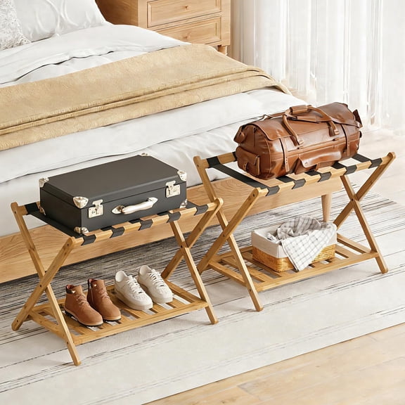 Bamboohomie Bamboo Luggage Rack for Guest Room, Pack of 2, Suitcase Stand, No Assembly Required, Natural