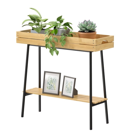 Bamboohomie Bamboo Plant Stand Indoor, 2-Tier Window Sill Plant Tables Shelf, Narrow Plant Rack, Natural