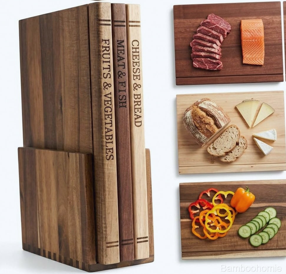 Bamboohomie Book-Inspired Acacia Wood Cutting Board Set with Stand, 3 ...