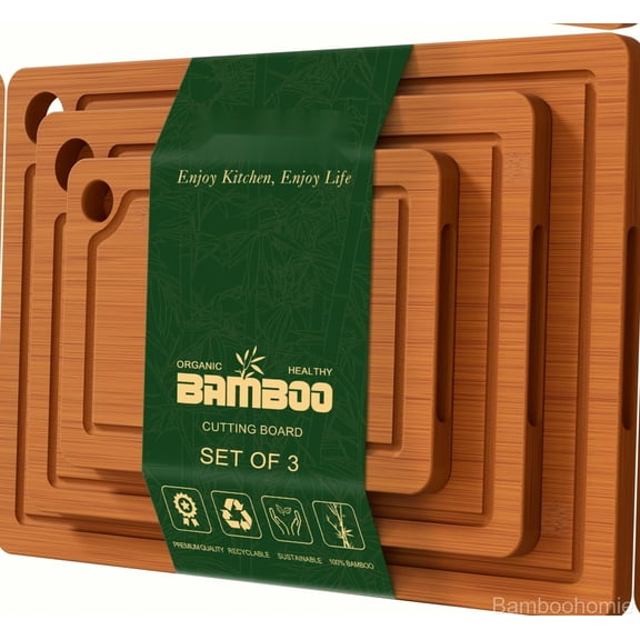 Bamboohomie Brown Bamboo Cutting Board Set for Kitchen, Set of 3 (S+M+L)