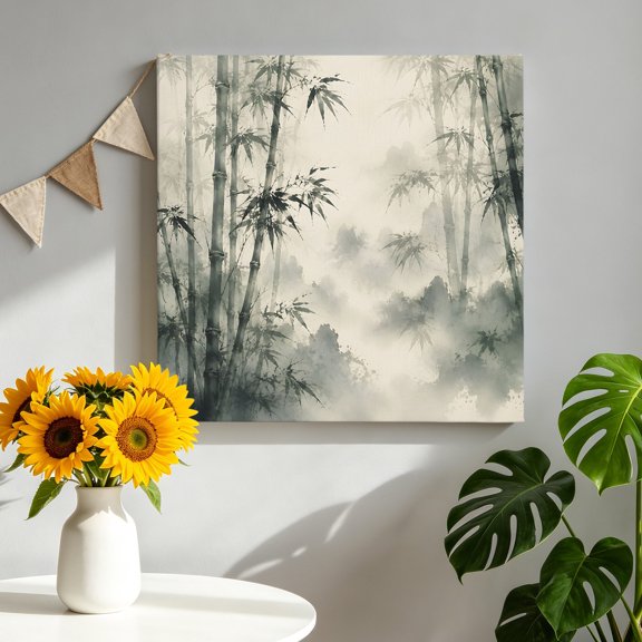 Bamboos Botanical Canvas Wall Art for Living Room 10"Lx10"W, Green Ink Wash Misty Distant Mountains Poster Print Painting for Bedroom Dining Room Balcony Decoration Wall Pictures Prepare To Hang