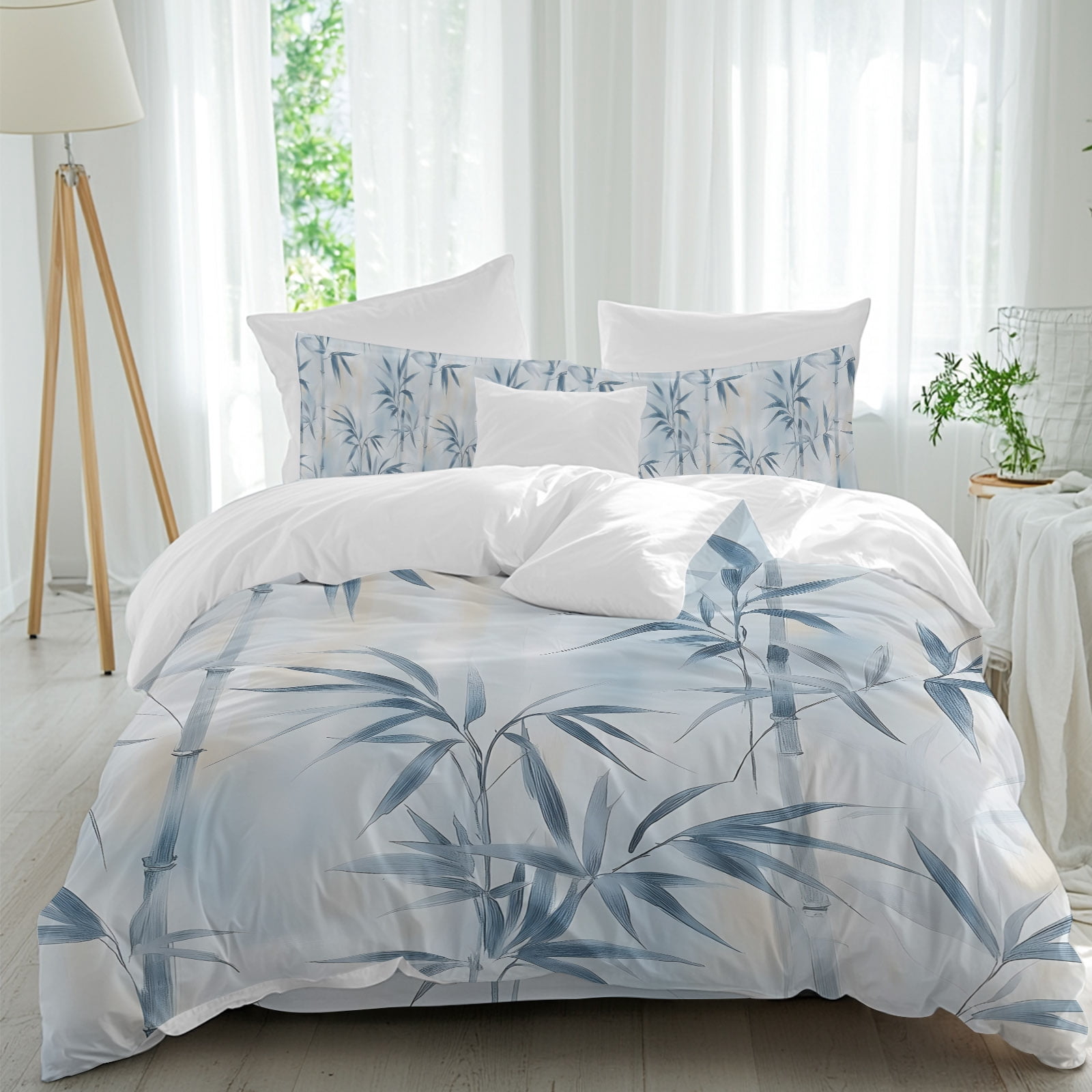 Bamboos Leaf Queen Duvet Cover Set, Abstract Blue Leaves Branches Watercolor 4 Piece Microfiber Bedding Set with Zipper Closure, Bed Sheet and 2 Pillow Shams, Soft Bedding Cover