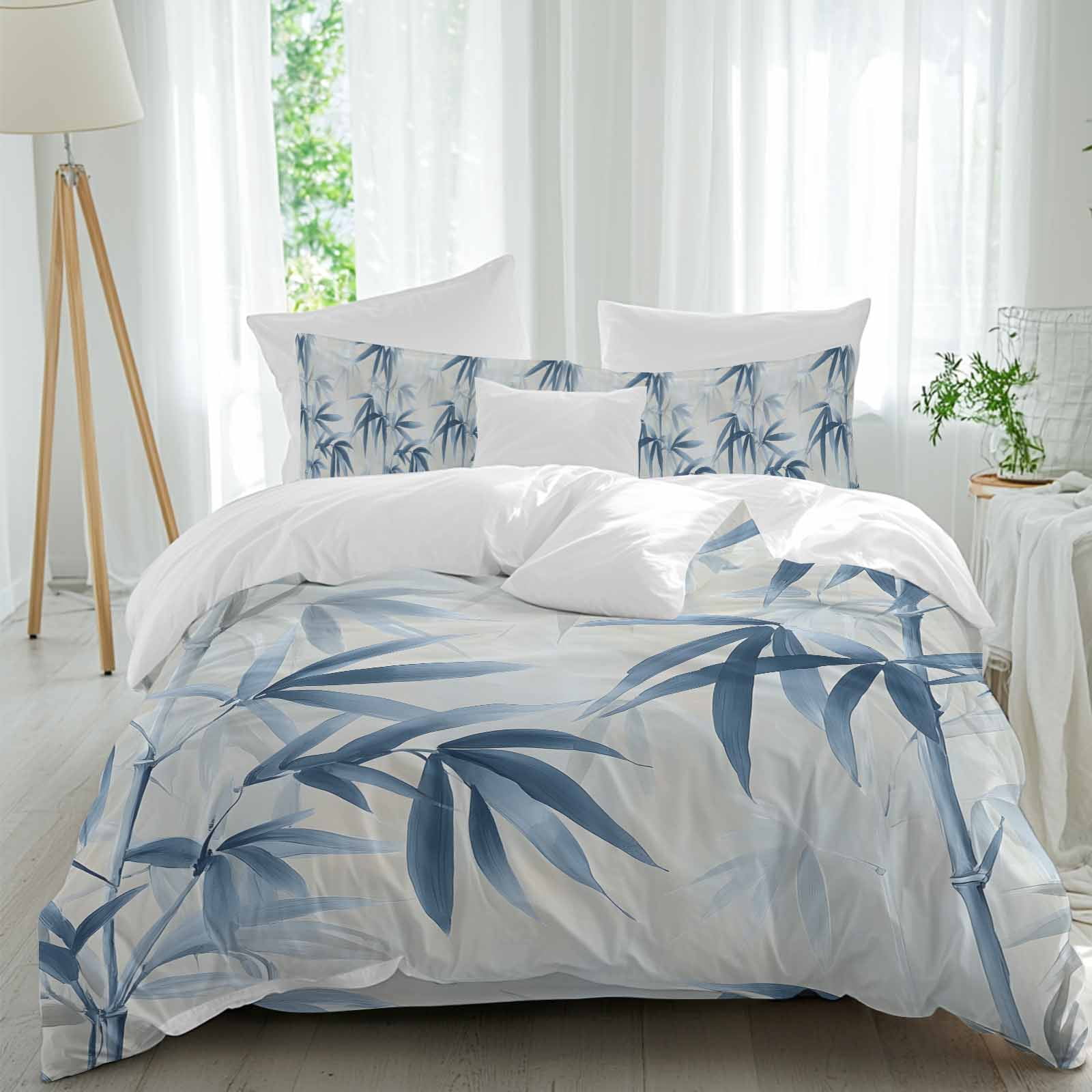 Bamboos Leaf Queen Duvet Cover Set, Blue Green Leaf Watercolor Modernism 4 Piece Microfiber Bedding Set with Zipper Closure, Bed Sheet and 2 Pillow Shams, Soft Bedding Cover