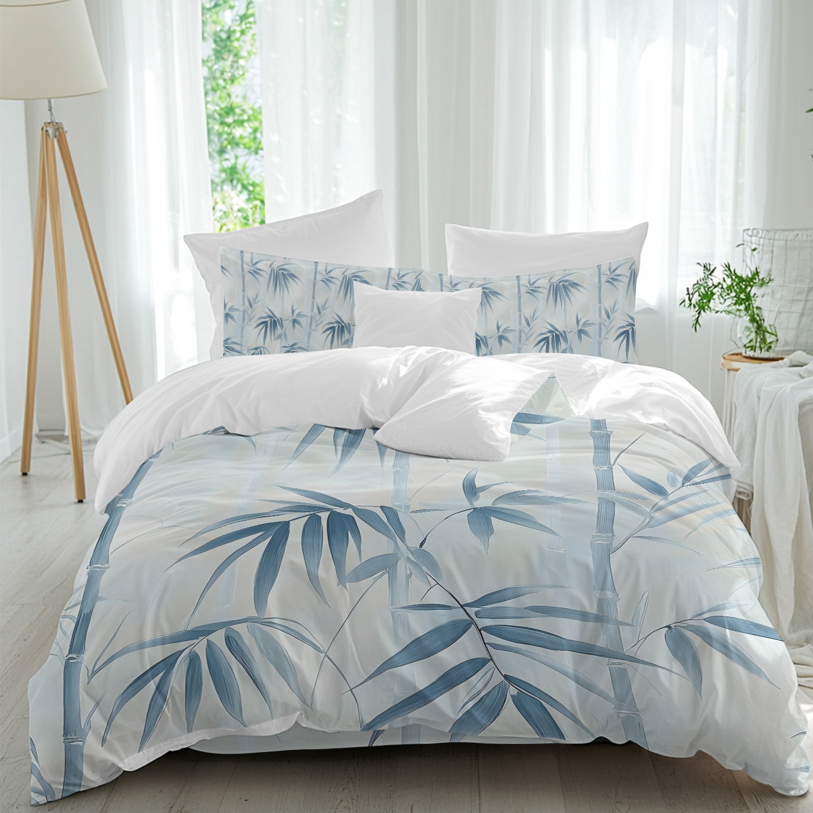 Bamboos Leaf Queen Duvet Cover Set, Blue Leaves Abstract Watercolor Art 4 Piece Microfiber Bedding Set with Zipper Closure, Bed Sheet and 2 Pillow Shams, Soft Bedding Cover