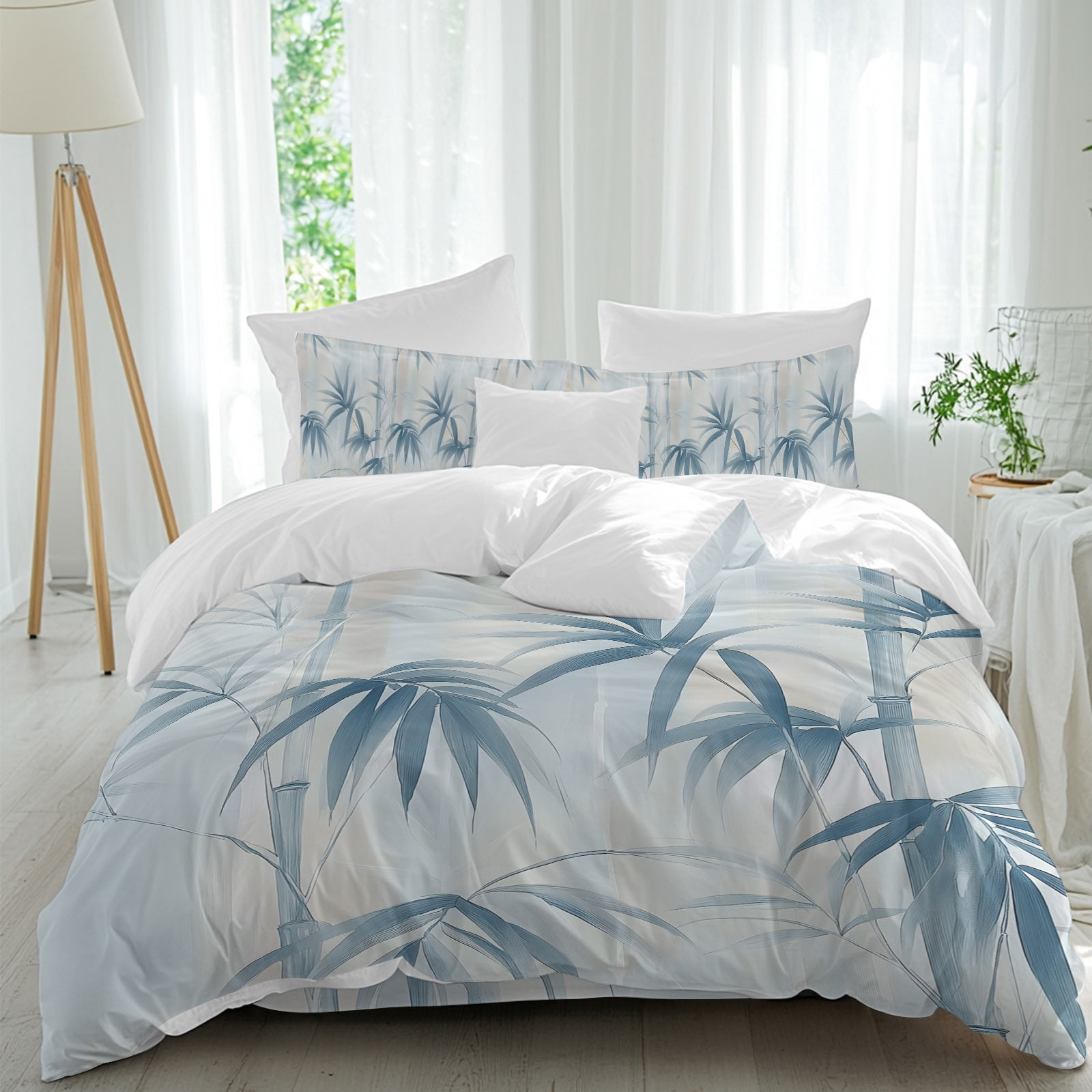 Bamboos Leaf Queen Duvet Cover Set, Blue Leaves Watercolor Modernism 4 Piece Microfiber Bedding Set with Zipper Closure, Bed Sheet and 2 Pillow Shams, Soft Bedding Cover