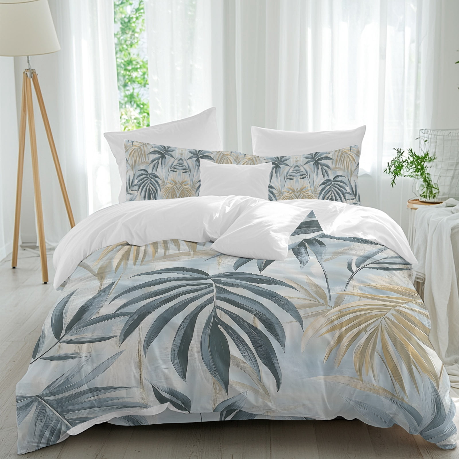 Bamboos Leaf Queen Duvet Cover Set, Green Leaves Watercolor Modernism 4 Piece Microfiber Bedding Set with Zipper Closure, Bed Sheet and 2 Pillow Shams, Soft Bedding Cover
