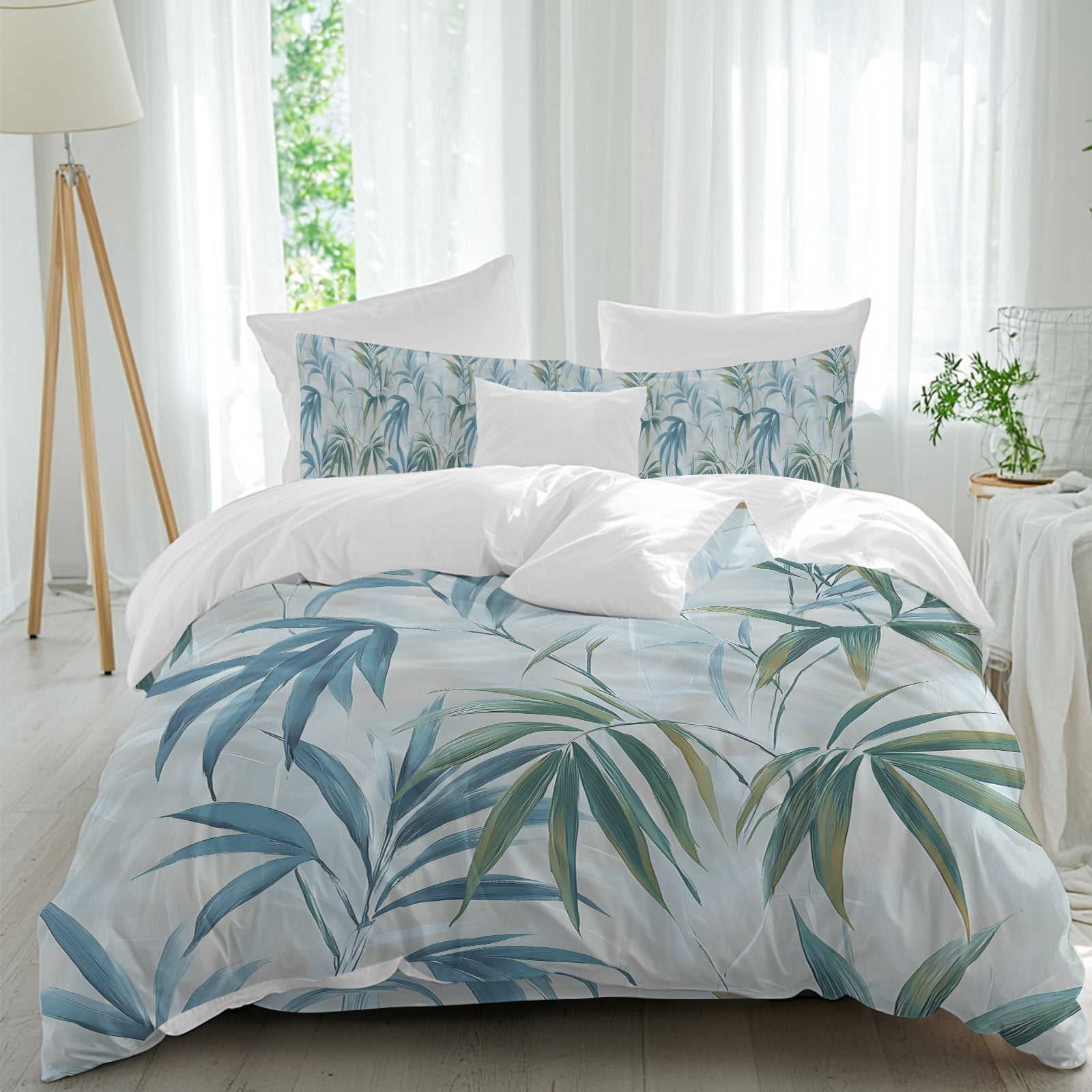 Bamboos Leaf Queen Duvet Cover Set, Green Watercolor Leaves Modernism 4 Piece Microfiber Bedding Set with Zipper Closure, Bed Sheet and 2 Pillow Shams, Soft Bedding Cover