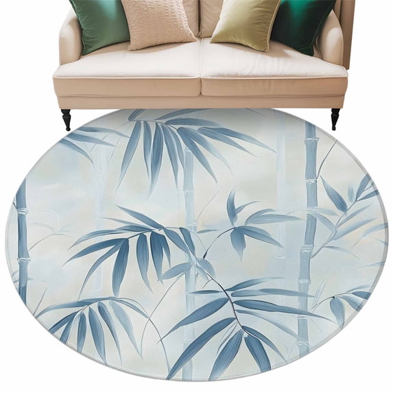 Bamboos Leaf Round Area&nbsp;Rug 7ft Blue Leaves Abstract Watercolor Art Non-Slip&nbsp;Washable Circle Rugs Soft Felt Indoor Floor Mat for Bedroom Kitchen Living Room Bathroom