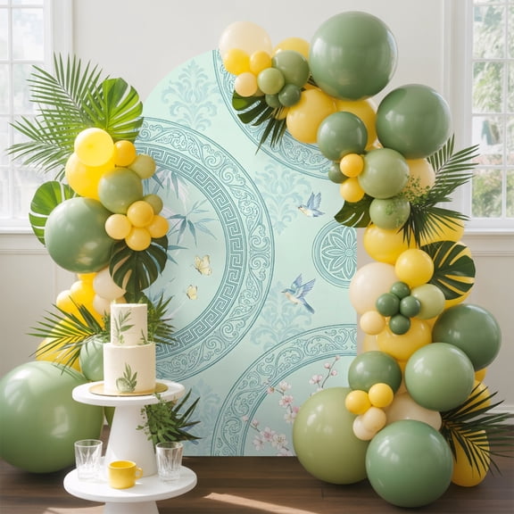 Bamboos Stalks Arch Backdrop Cover, 4FT, Vintage Nursery Birds Mint Green Botanical Floral Spandex Arch Covers Double-Sided Backdrop for Wedding Birthday Party Photo Background Decoration