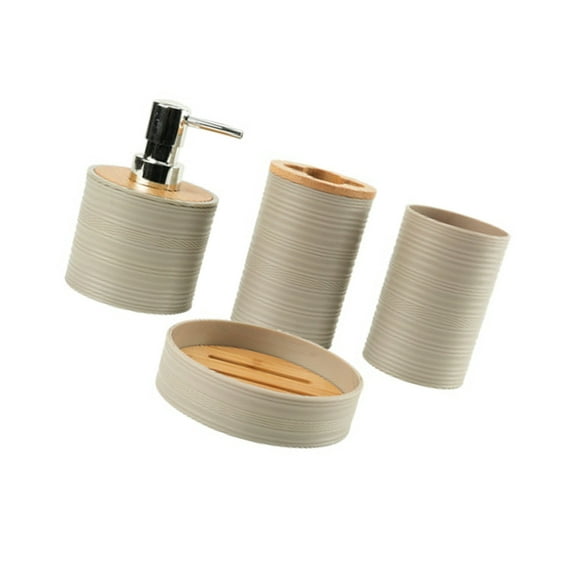 Bamboos Topped Bathroom Storage Container 4 Piece Set Includes Soap Dish Toothbrush Cup Lotion Dispenser