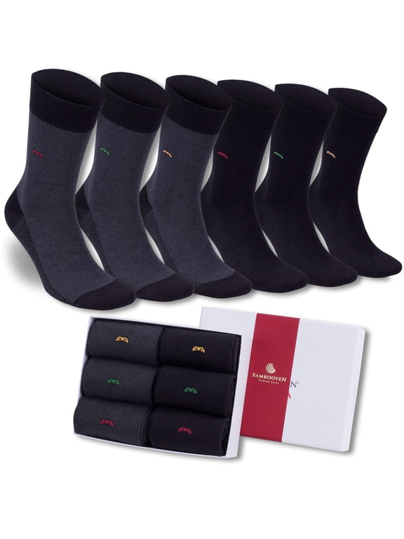 Bamboo Dress Socks for Men, Gift Box, Odor-Free, 6 Pairs, Shoe Size 8-11.5