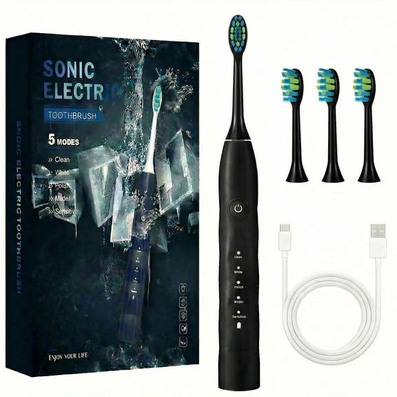 GUFICLE Sonic Electric Toothbrush with 4 Brush Heads & Type-C Charging 70-Day Battery Ultra Quiet Smart Timer IPX7 Waterproof, Black