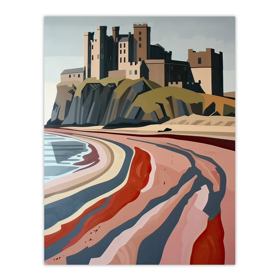Bamburgh Castle Block Print Artwork Northumbria Living Room Large Wall Art Poster Print Thick Paper 18X24 Inch