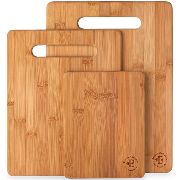 Bamboo Cutting Board Set - 3 Piece Reversible Wood Cutting Boards for Kitchen, Chopping Meat, Vegetables, Fruit, Cheese, Charcuterie - Assorted Sizes with Handles for Meal Prep & Serving