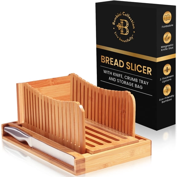 Bambusi Adjustable Bamboo Bread Slicer with Stainless Steel Knife, Foldable Cutting Guide and Crumb Tray