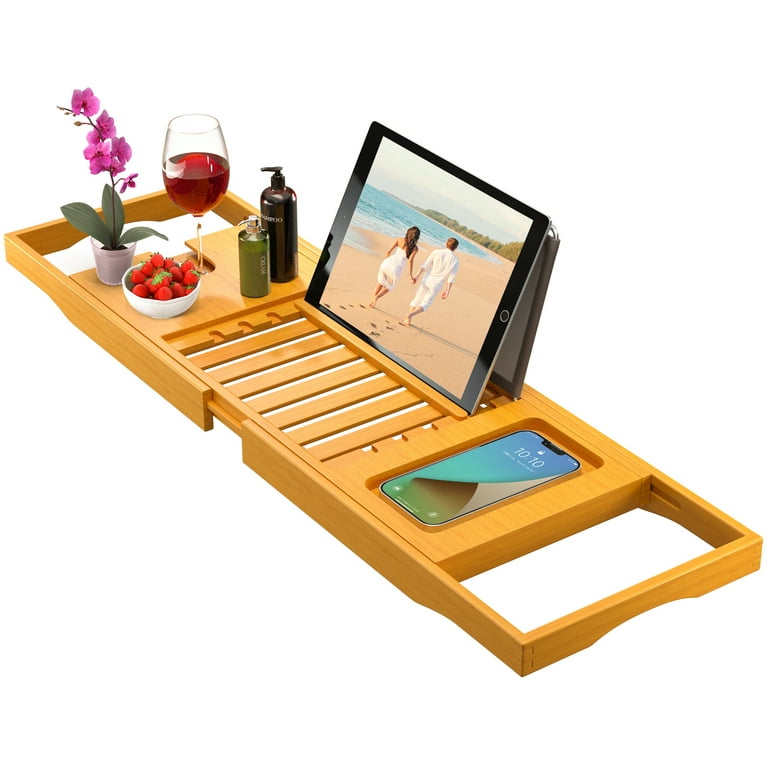 Cintbllter Ala Teak Wood Luxury Bathtub Caddy Tray with Extendable Sides and Bed Tray, Reading Rack, Tablet Holder