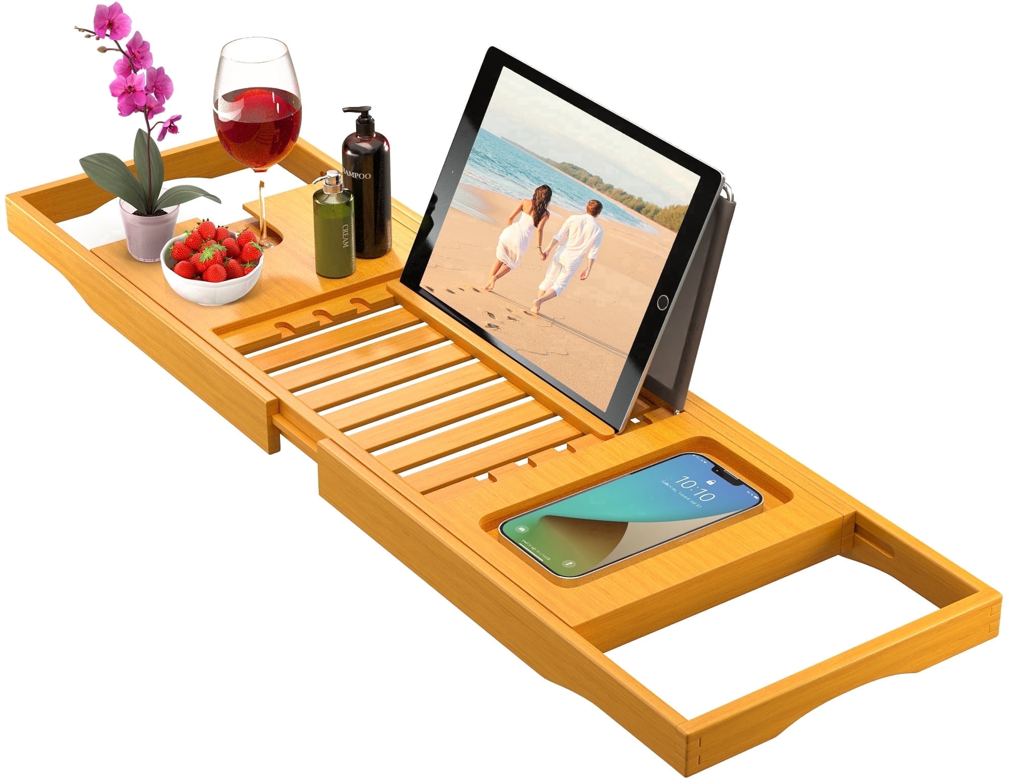 Bamboo Bathtub Tray Bath Caddy, Expandable Bath Tub Tray Wood with Tablet Holder and Wine Glass Holder