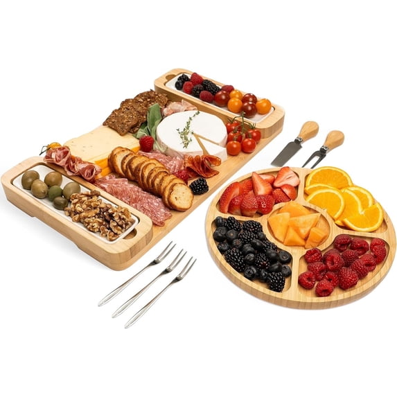 Bambusi Bamboo Charcuterie Board Set, 9 Piece Cheese Platter with Round Tray, Bowls, Knives and Forks, 16.4 x 9.8 Inches