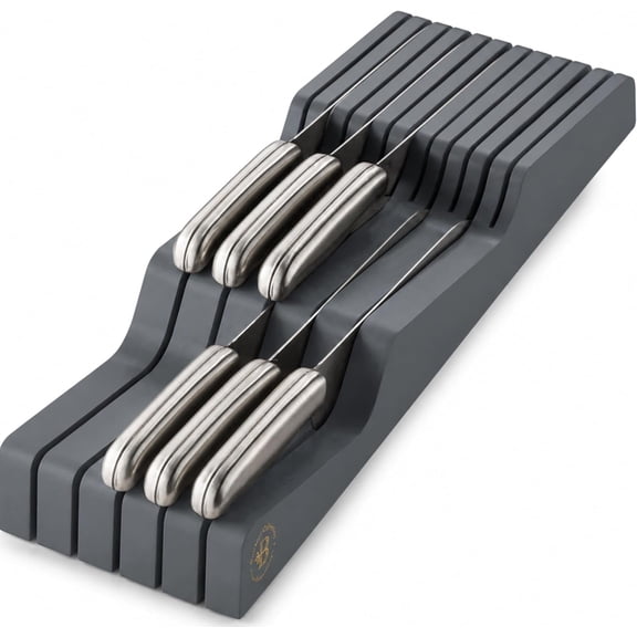 Bambusi Bamboo Knife Organizer, In-Drawer Knife Drawer Organizer Holds 5 Large and 6 Small Knives, Gray