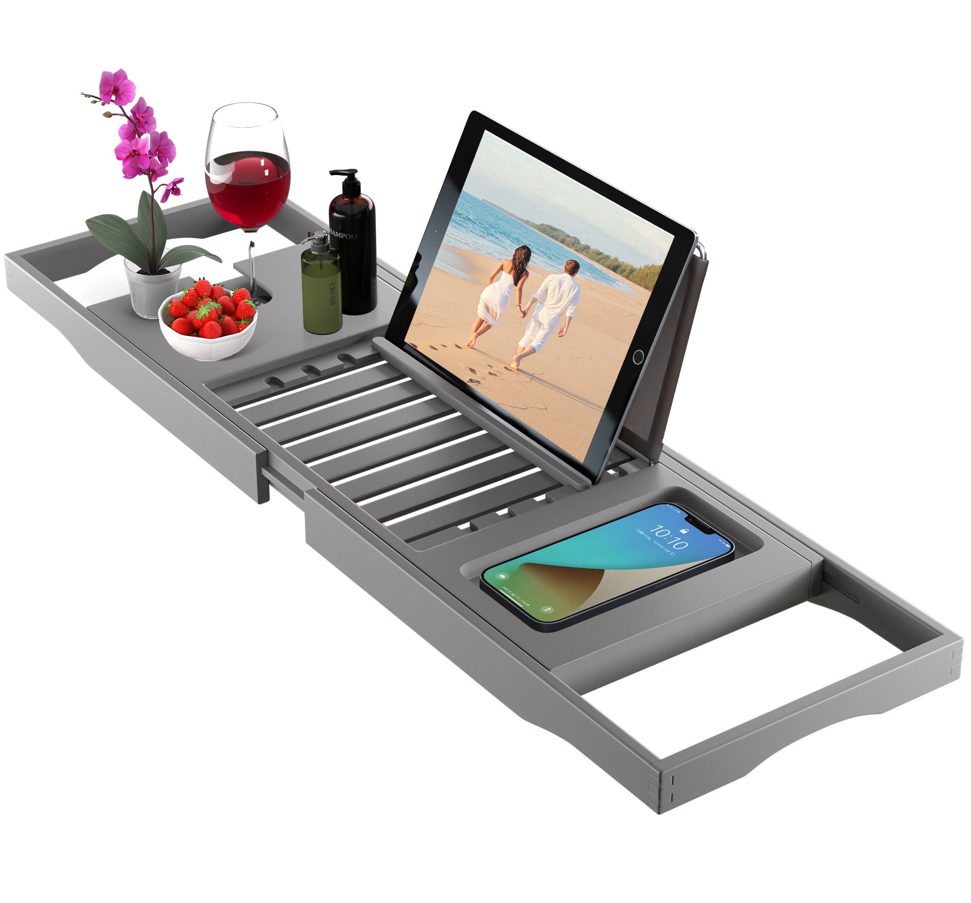 Gray Bamboo Adjustable Freestanding Bathtub Caddy Tray