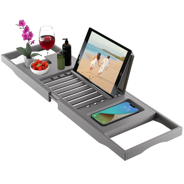 Selling xury Bamboo Bathtub Caddy Tray with Wine Glass Holder iPad Stand Phone Holder an