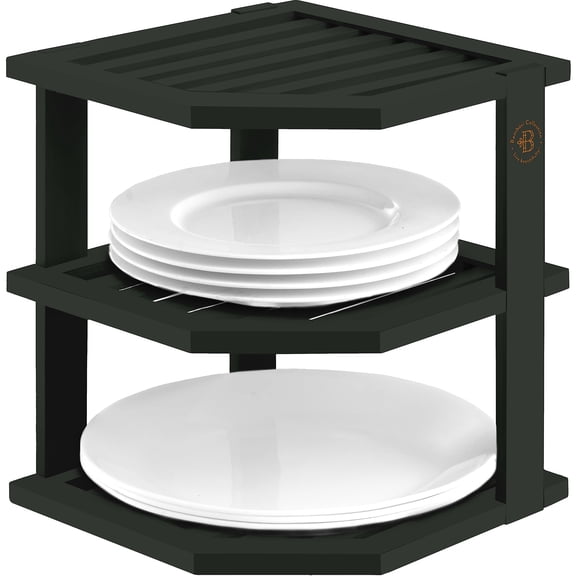 Bambusi Plate Organizer For Cabinet - Corner And Kitchen Shelf  Countertop Plates Dishes Space Saving Rack Black